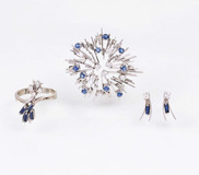 A Sapphire Diamond Jewellery Set: Brooch, Earstuds and Ring - image 1