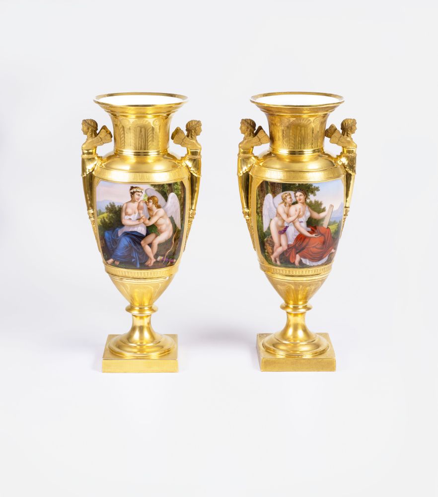 Atelier Céline Parmentier-Jolly, tätig um 1843-49 - Paar feiner französischer Empire-Vasen Paar feiner französischer Empire-Vasen