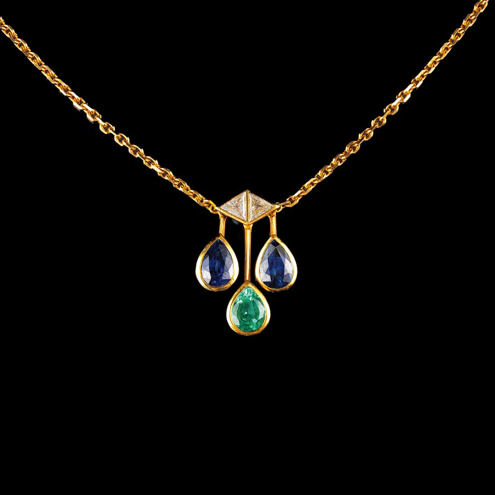 A Sapphire Emerald Diamond Pendant on Necklace