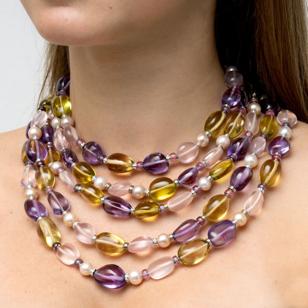 Farbedelstein Kaskaden-Collier 'Collana di Sassi' mit Brillant- und Perlen-Besatz - Bild 2