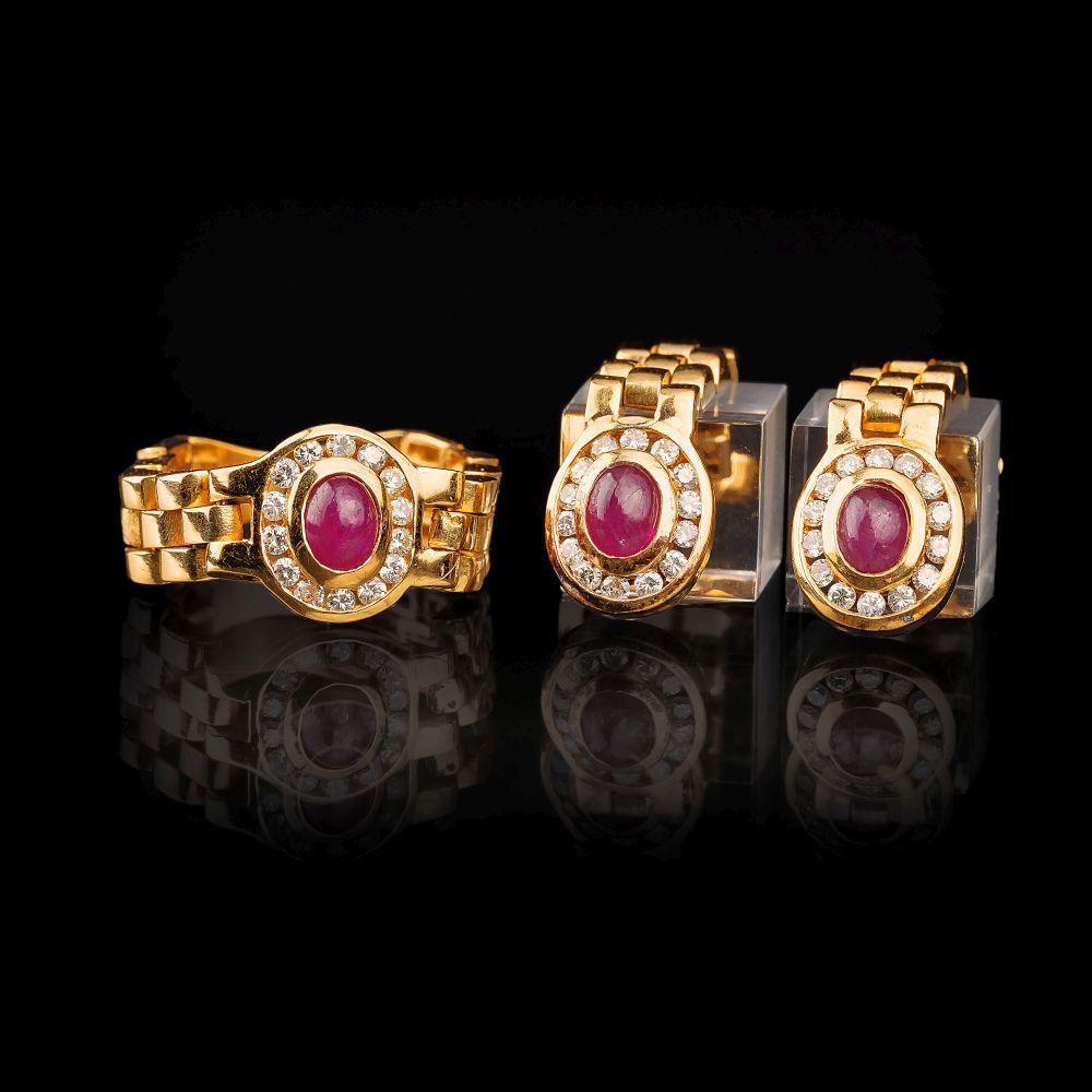 A Ruby Diamond Chain Ring with matching Earrings