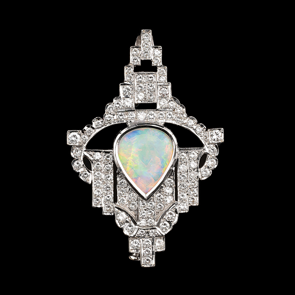 Opal-Brillant-Brosche im Art-déco Stil