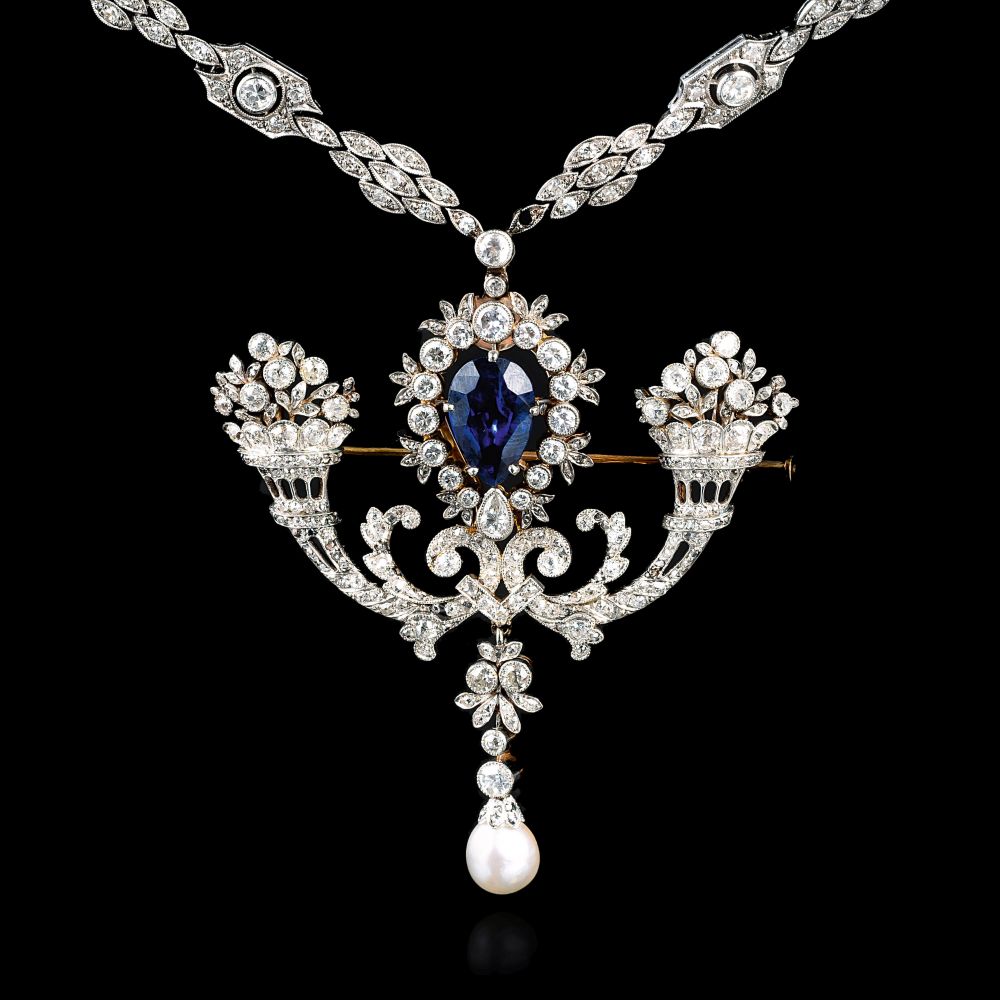 Art Deco Diamond and Sapphire Lavaliere Necklace