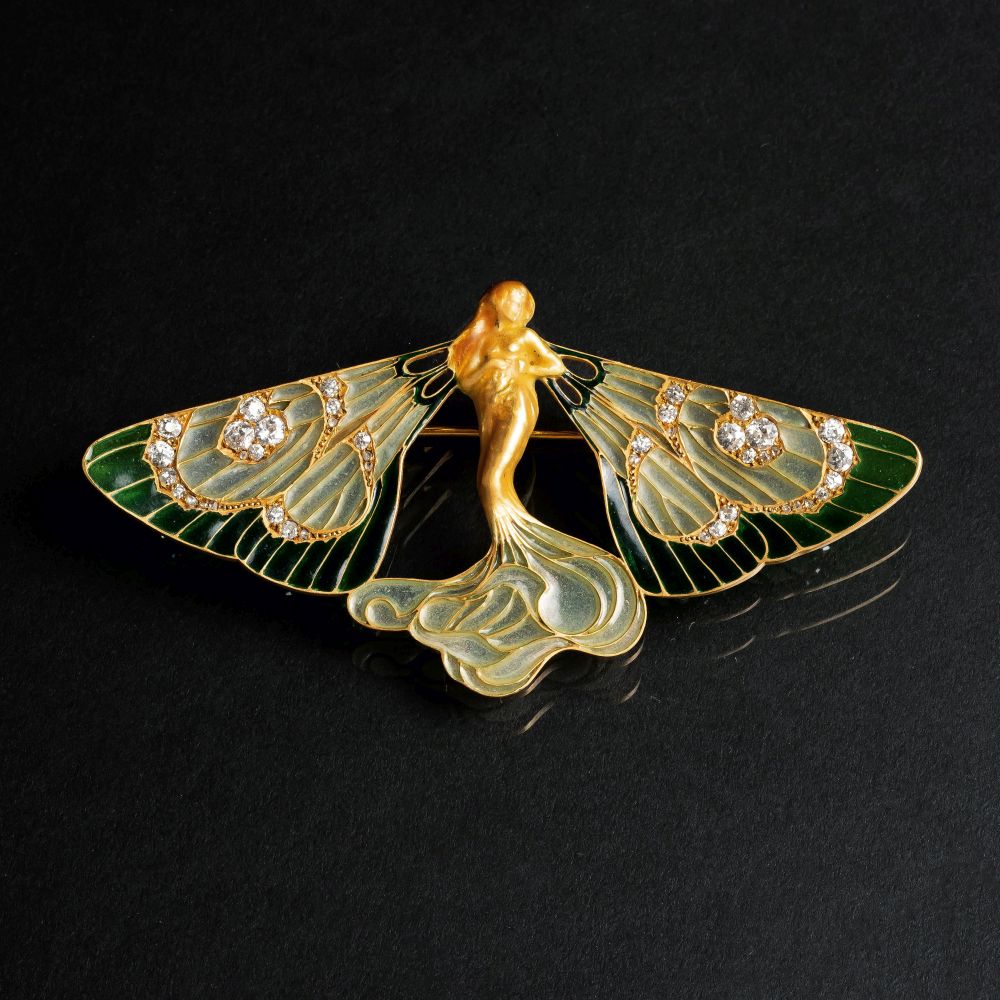 An Art Nouveau Diamond Plique-à-jour Brooch 'Papillon Nymph' - image 2