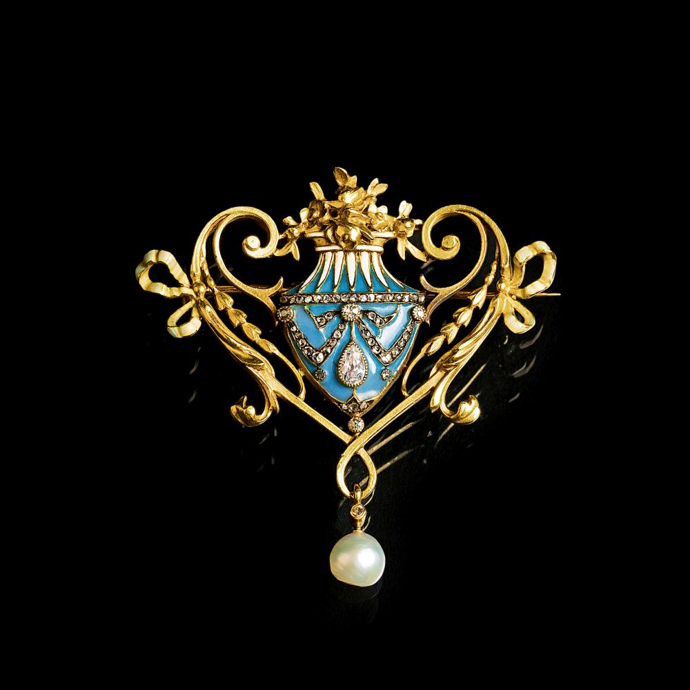 A Belle Epoque Enamel Diamond Brooch