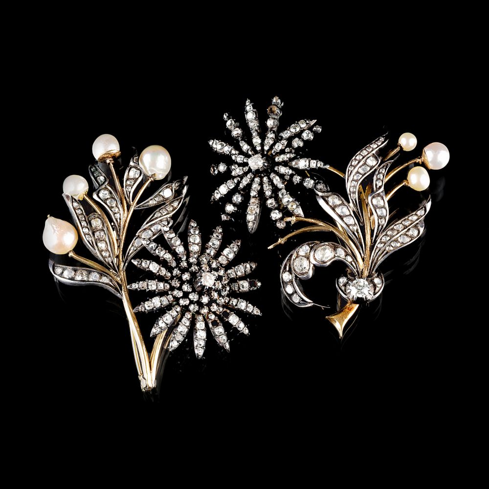 Zwei Viktorianische Diamant-Perlen-Broschen Zwei Viktorianische Diamant-Perlen-Broschen