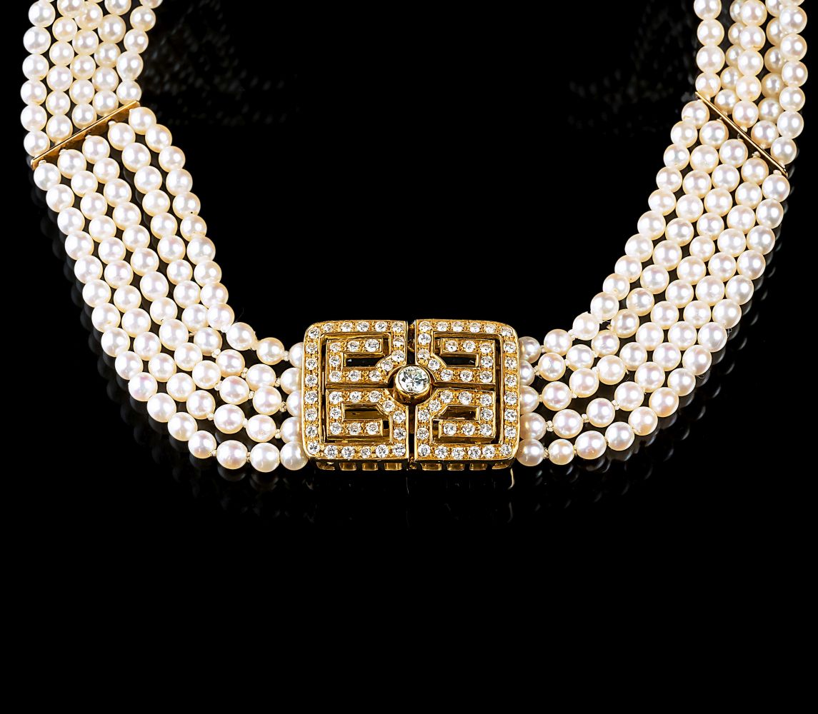 Perlen Collier de Chien mit Brillant-Schließe