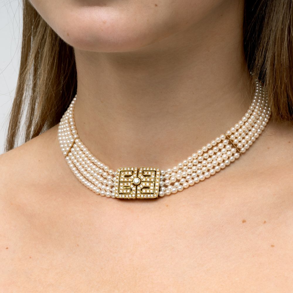 Perlen Collier de Chien mit Brillant-Schließe - Bild 2