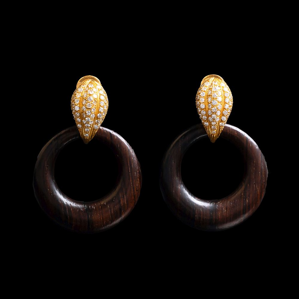 A Pair of Diamond Earrings with Wooden Pendants