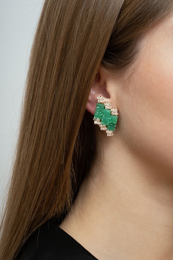 A Pair of Chrysopras Diamond Earrings - image 2