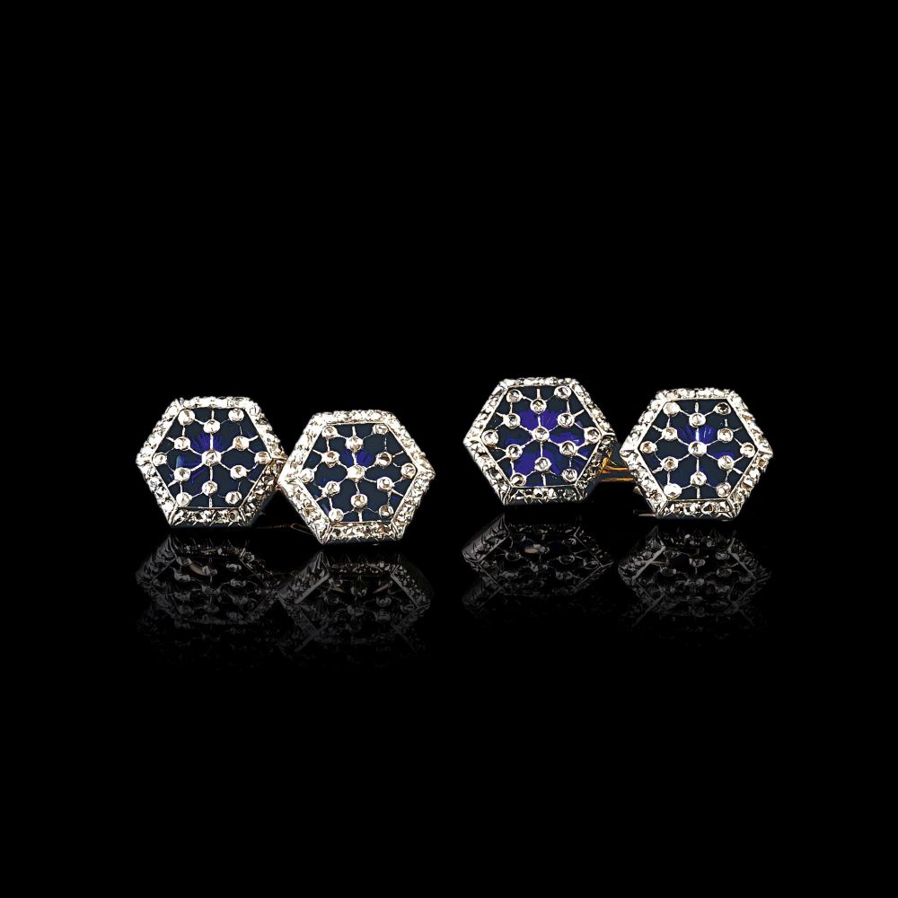 A Pair of Art Nouveau Enamel Diamond Cufflinks