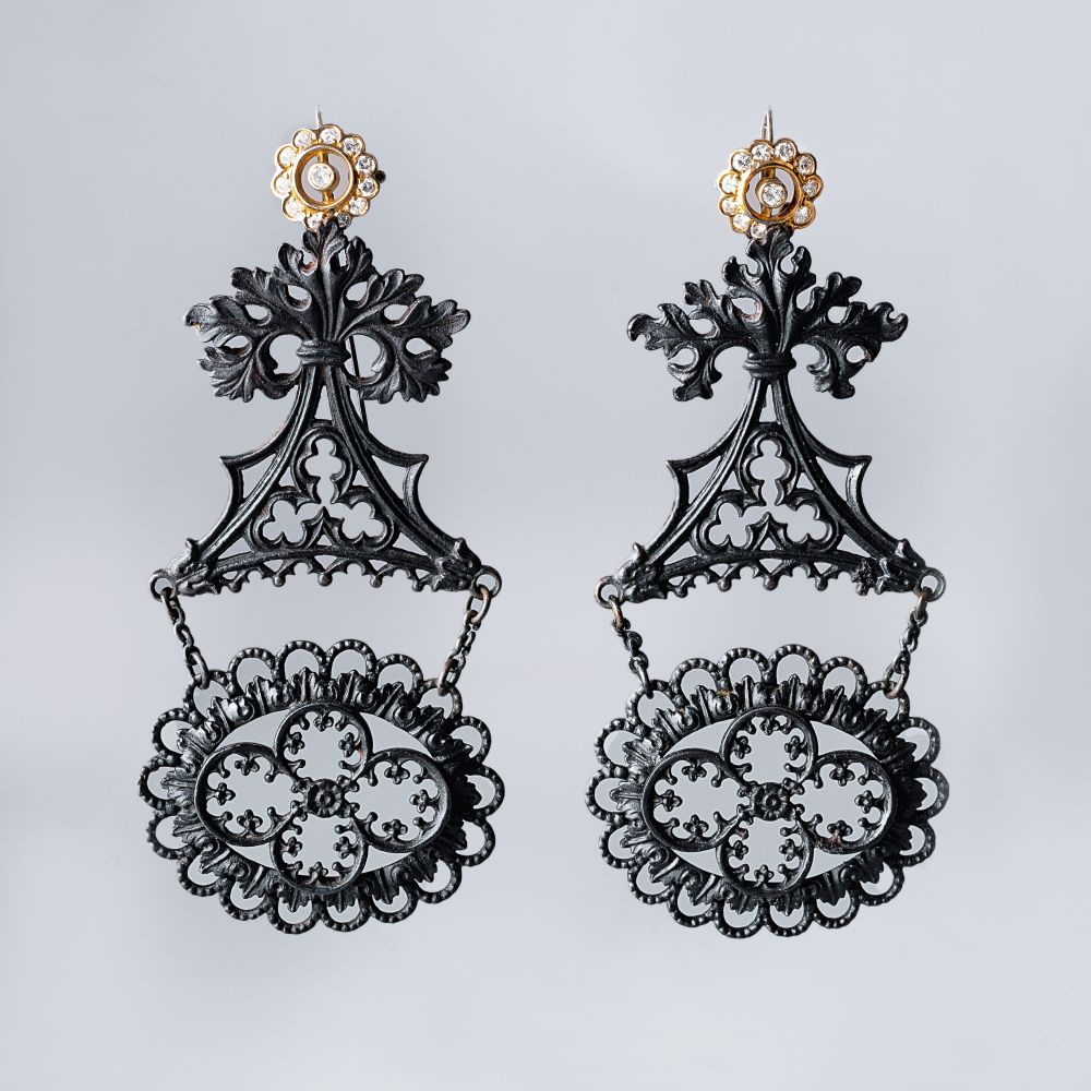 A Pair of Late Biedermeier Earrings, so called Berlin Iron Jewellery with Diamonds