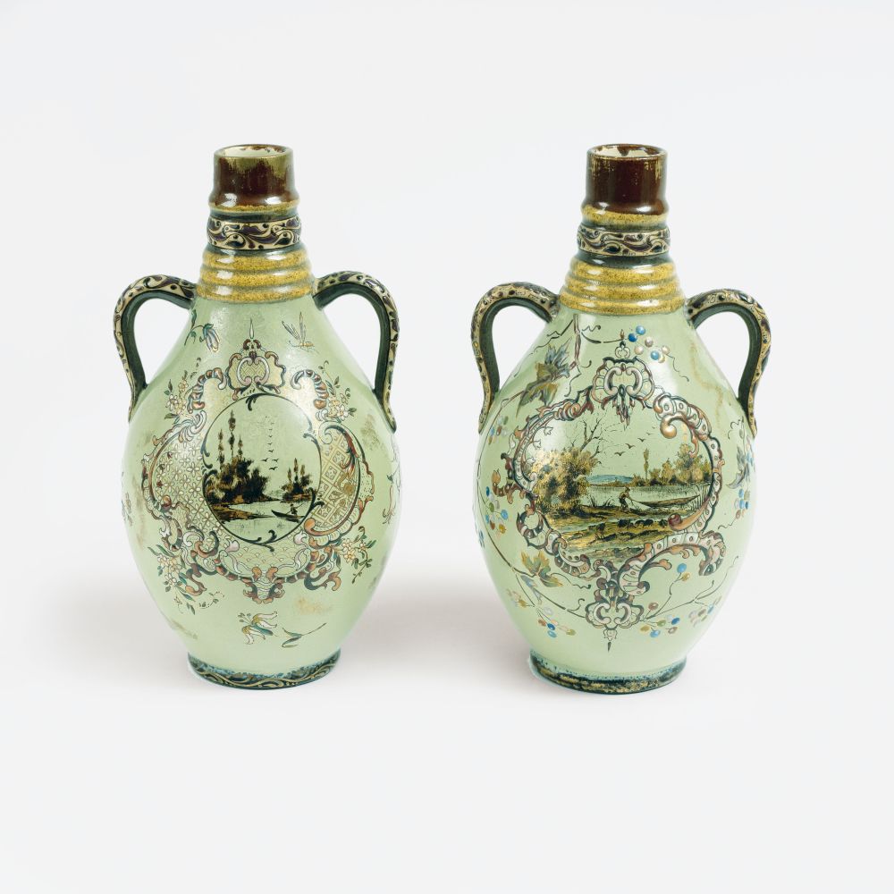 Emile Gallé - A Rare Pair of Fayence Jugs with Landscapes A Rare Pair of Fayence Jugs with Landscapes