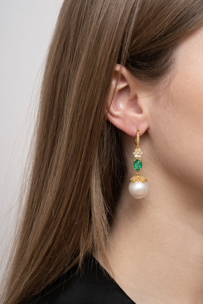 A Pair of Southsea Pearls Emerald Diamond Earpendants - image 2