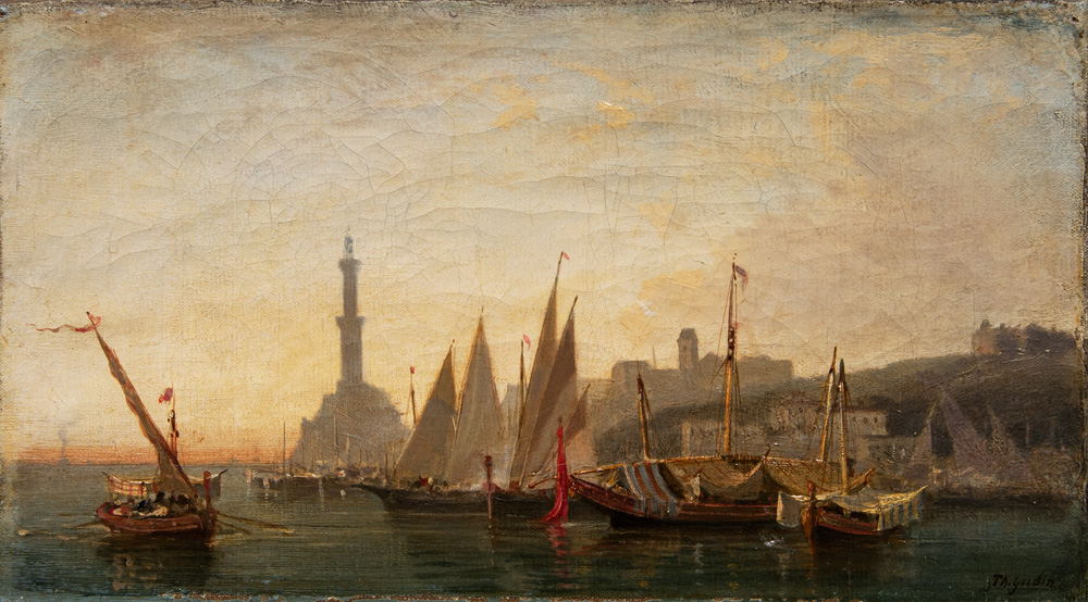 Boote vor einer Stadt mit Minarett