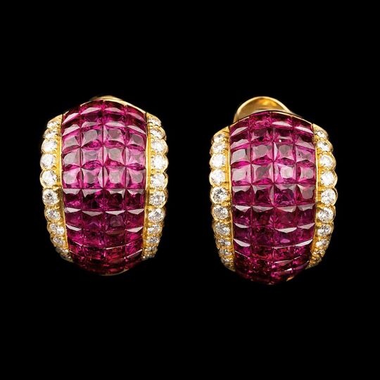 A Pair of Earrings with Ruby Carrés and Diamonds