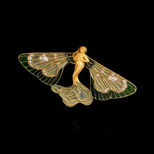 An Art Nouveau Diamond Plique-à-jour Brooch 'Papillon Nymph'