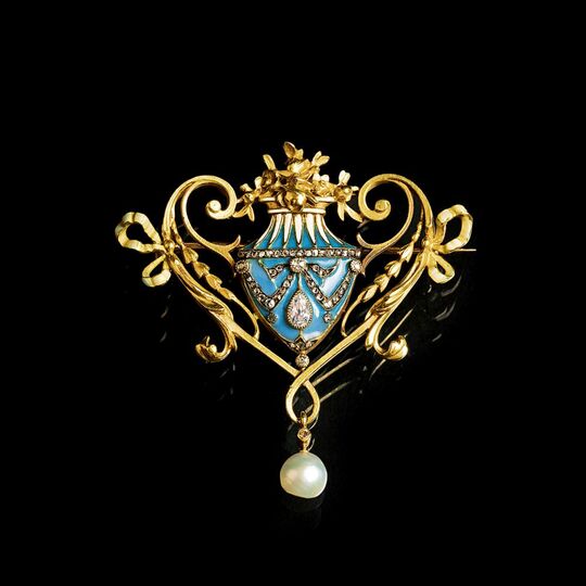 A Belle Epoque Enamel Diamond Brooch