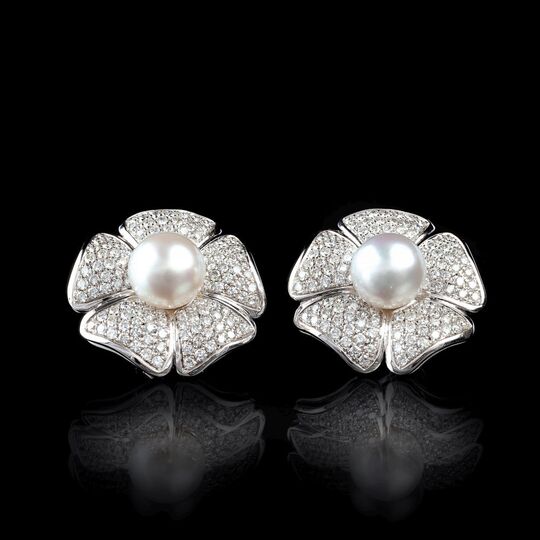 A Pair of Pearl Diamond Earrings in Flowershape