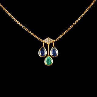 A Sapphire Emerald Diamond Pendant on Necklace