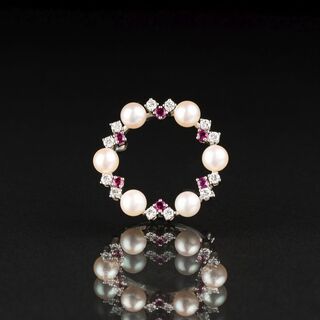 Zierliche Perlen-Rubin-Brillant-Brosche