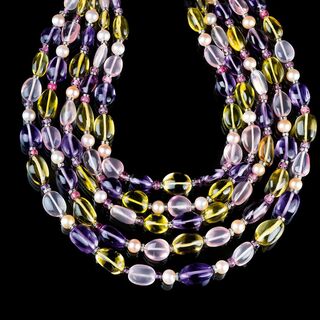 Farbedelstein Kaskaden-Collier 'Collana di Sassi' mit Brillant- und Perlen-Besatz