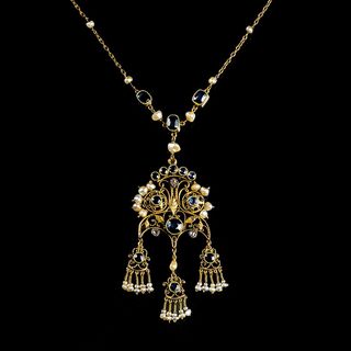 An antique Napoloen III Filigree Sapphire Necklace with Seedpearls