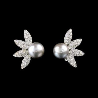 A Pair of Diamond Earclips with Tahiti Pearls