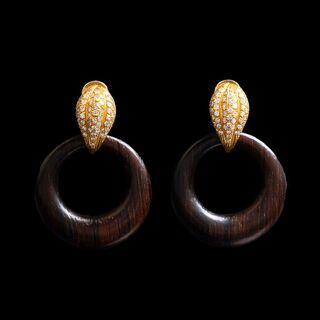 A Pair of Diamond Earrings with Wooden Pendants