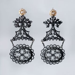 A Pair of Late Biedermeier Earrings, so called Berlin Iron Jewellery with Diamonds