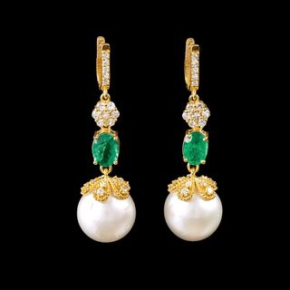 A Pair of Southsea Pearls Emerald Diamond Earpendants