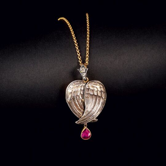 Viktorianisches Herz-Amulett mit Engelsflügel und Rubin