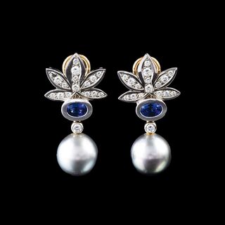 A Pair of Tahit Pearl Earrings with Sapphires and Diamonds