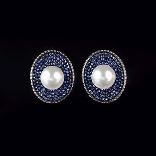 A Pair of Pearl Earrings with Sapphires and Diamonds