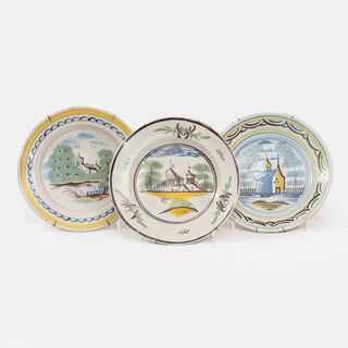 A Set of 3 Faience Dishes with Architectural Motif