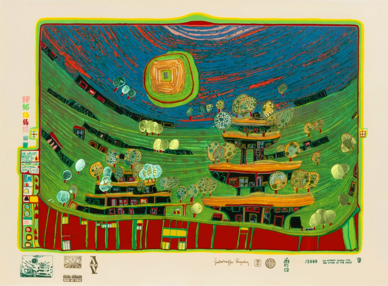 Friedensreich Hundertwasser - Die Häuser hängen unter den Wiesen Die Häuser hängen unter den Wiesen