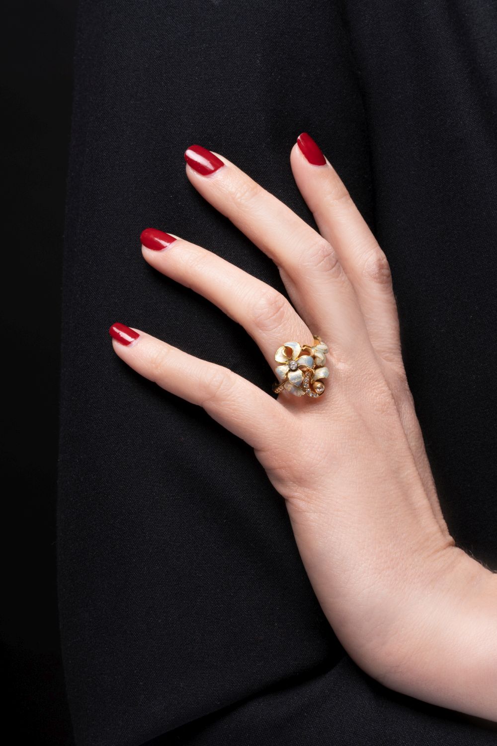 Art Nouveau Gold-Diamant-Ring mit Emaille-Blüten - Bild 2