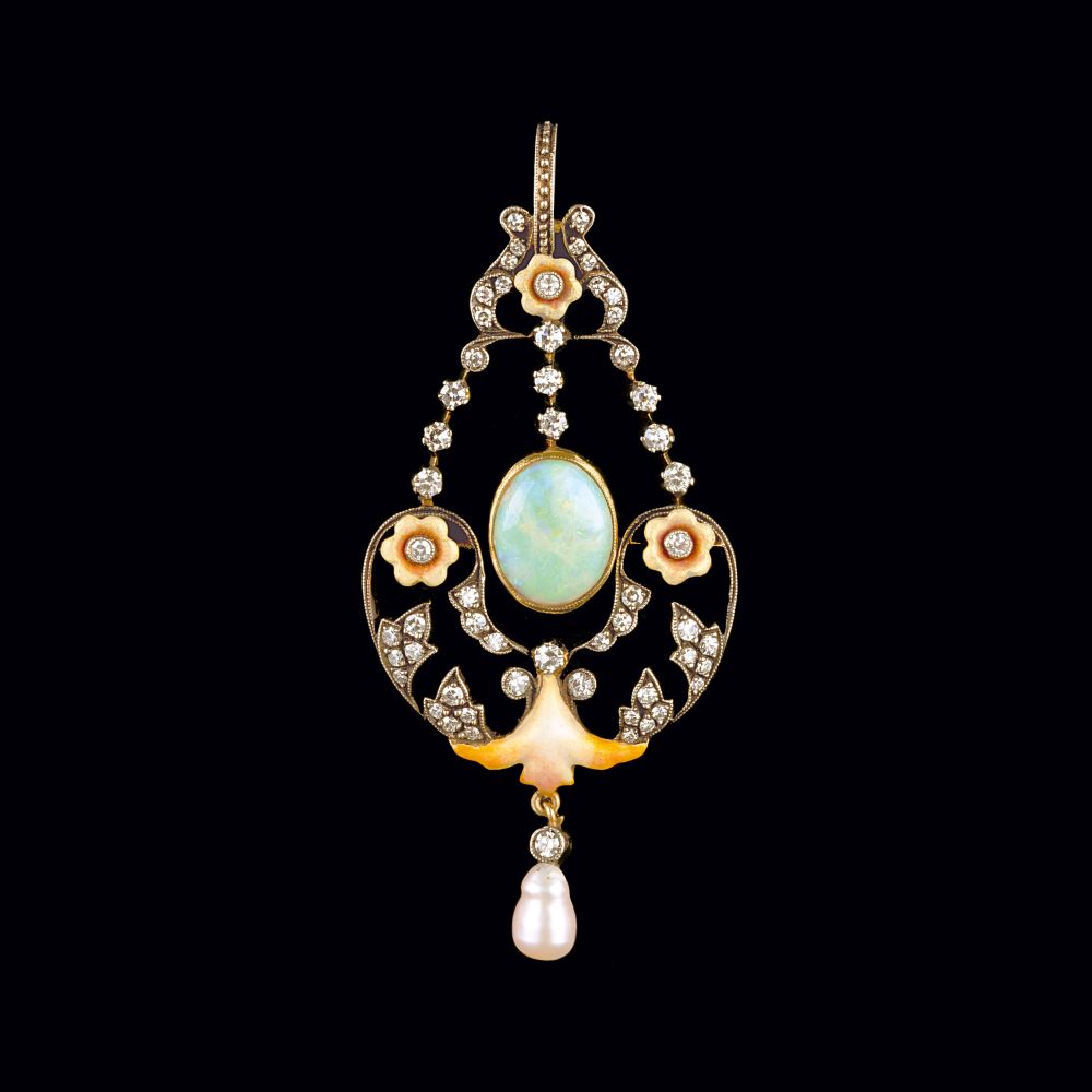 An Art-Nouveau Opal Pearl Diamond Pendant