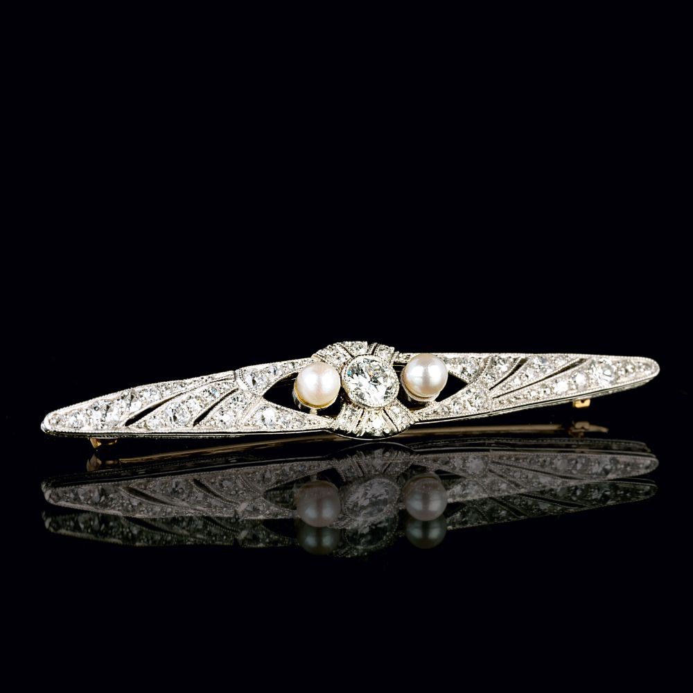 An Art-déco Diamond Pearl Brooch