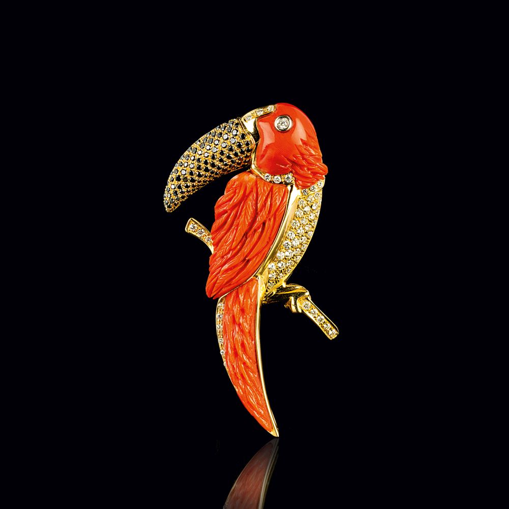 A Coral Diamond Brooch 'Papagallo'