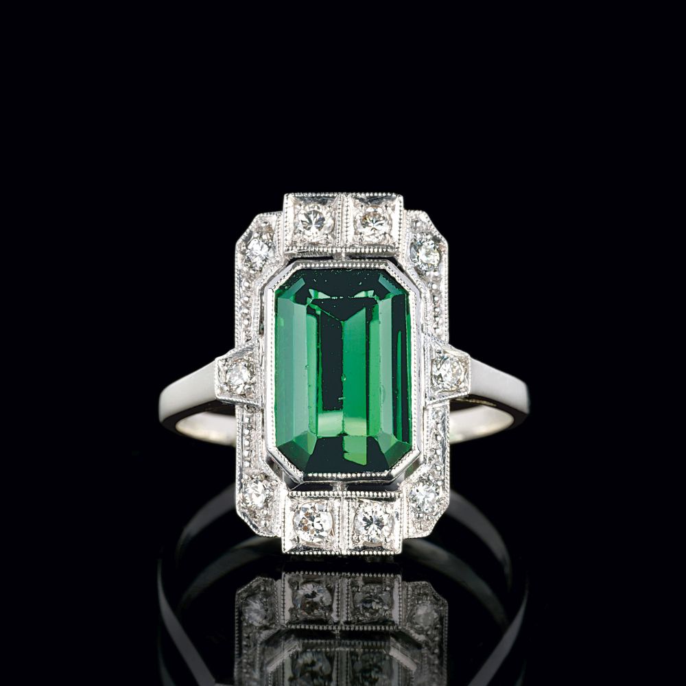 An Art-déco Tourmaline Diamond Ring