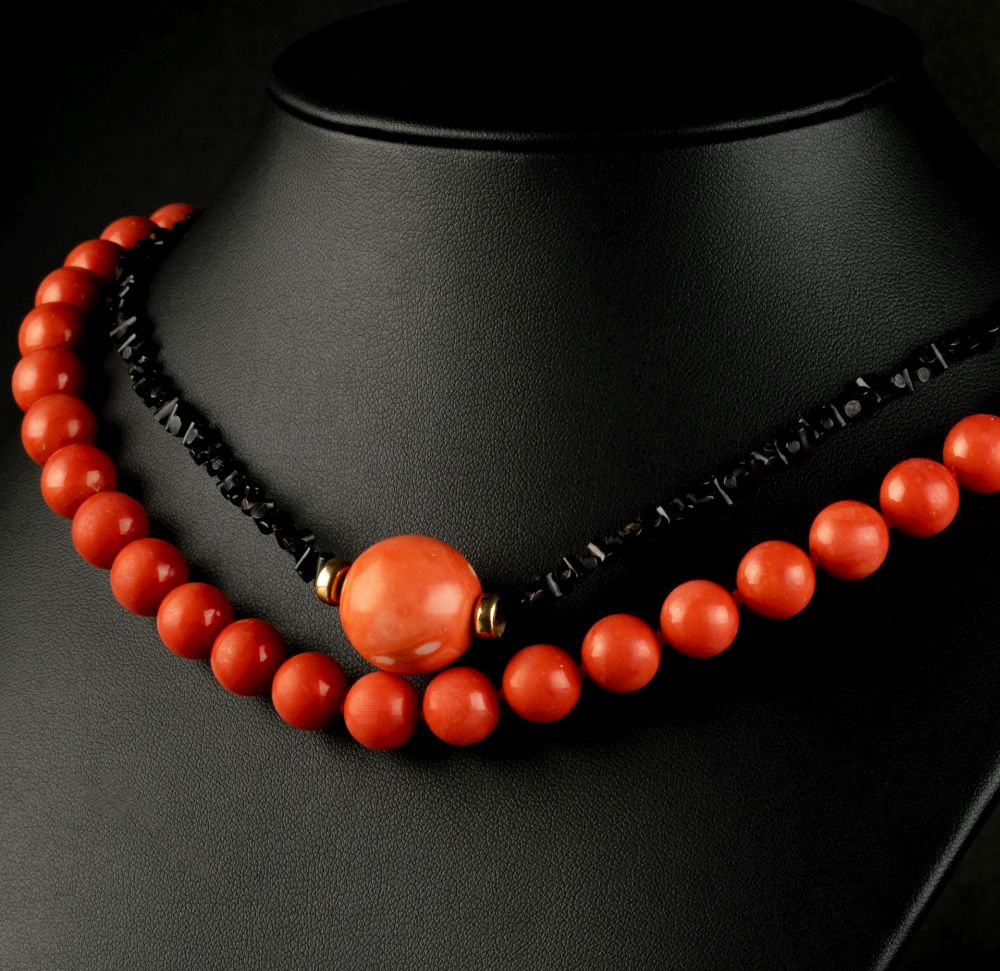 Two Necklaces with Coral and Onyx