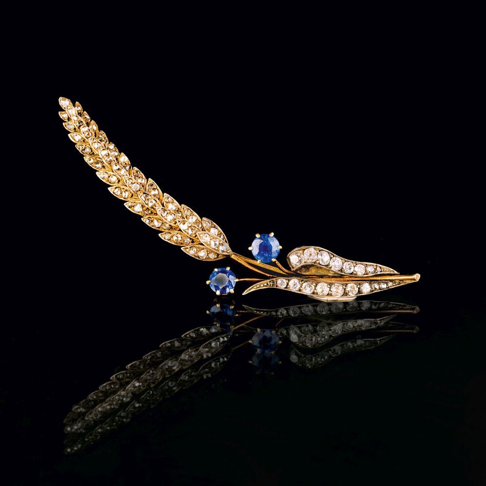 Jugendstil Diamant-Saphir-Brosche 'Fleur de plumes'