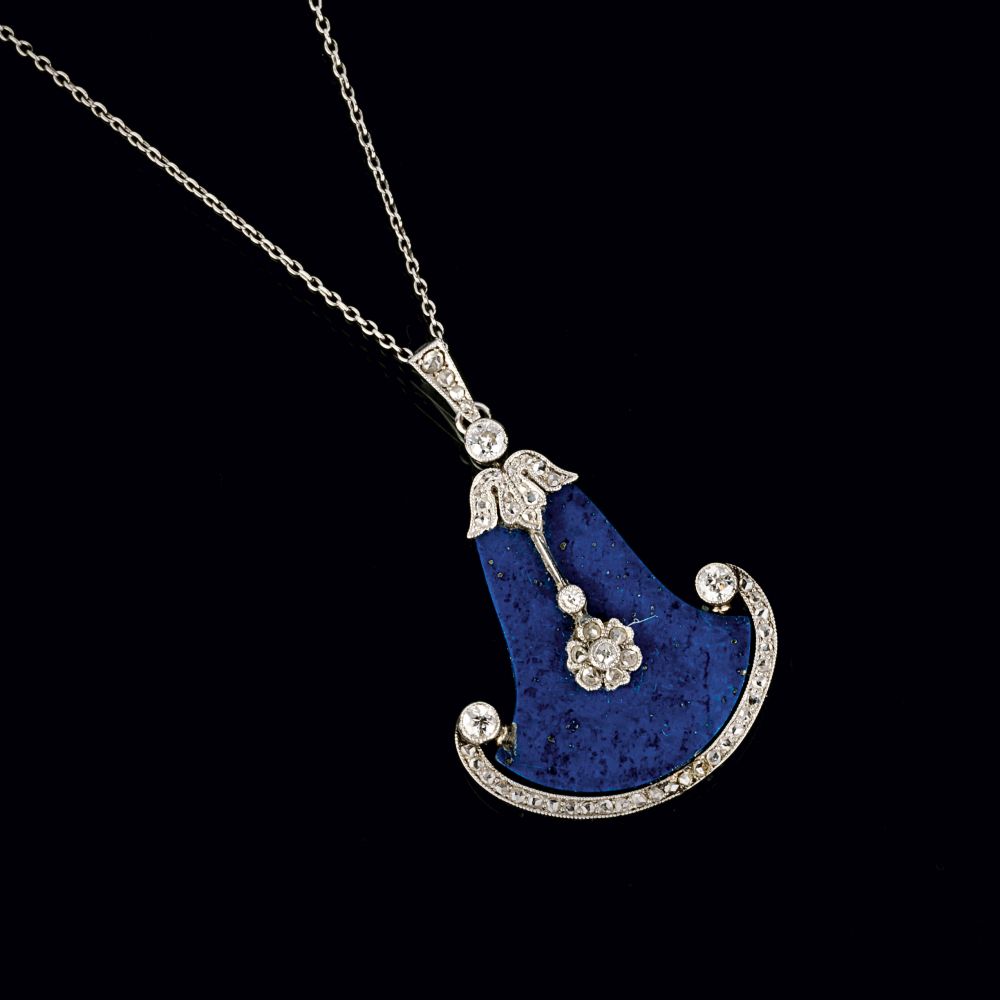 An Art-déco Lapis Lazuli Diamond Pendant on Necklace An Art-déco Lapis Lazuli Diamond Pendant on Necklace