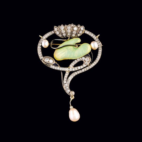Art Nouveau Diamant-Perl-Brosche 'Nymphéas'