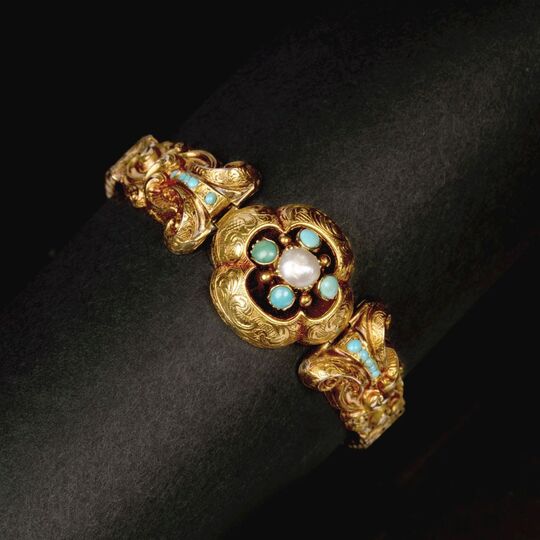 Spätbiedermeier Gold-Armband mit Perl- und Türkis-Besatz