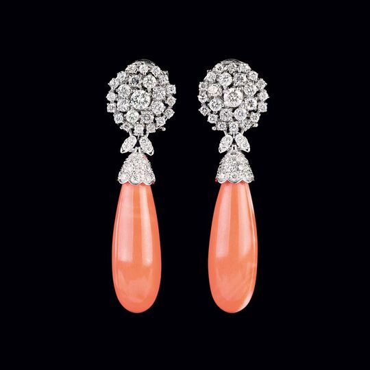 A Pair of Coral Diamond Earpendants