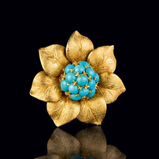 Vintage Blüten-Brosche mit Türkis-Besatz