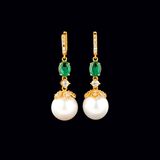 A Pair of Southsea Pearl Emerald Diamond Earpendants
