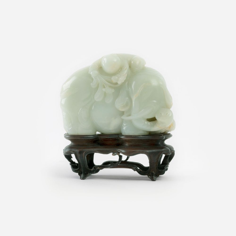 An Elephant with Sleeping Boy in Light Green Jade - image 2